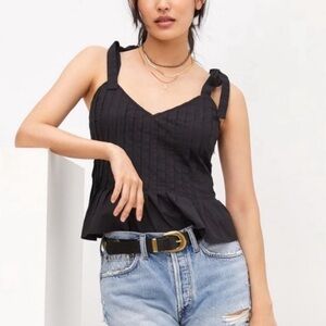 Anthropologie Let Me Be Tie Strap Peplum Tank Top Black Pleated Blouse